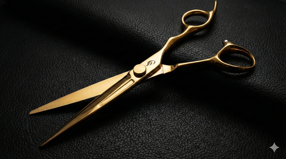 Satori gold professional hairdressing shear on black leather