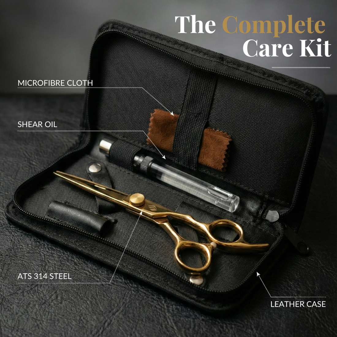 Satori Signature Shear gold complete care kit with leather case, shear oil and cloth