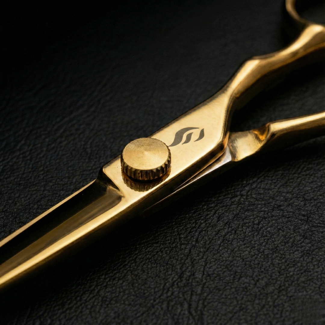 Close-up of Satori gold shear pivot screw and ATS-314 cobalt steel blade